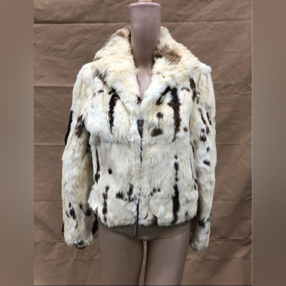 Dino Ricco's Designer White & Brown Full Zip Animal Rabbit Fur Coat Jacket M